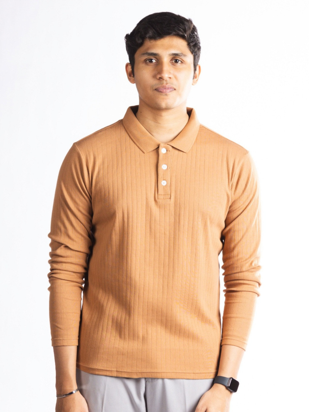 

Hidden Loops Men Self Design Polo Collar Cotton T-shirt, Tan