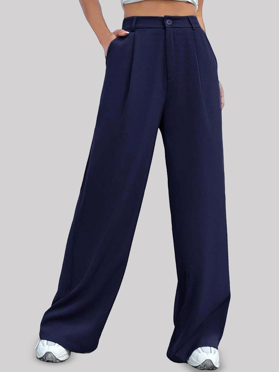 

FNOCKS Women Cotton Rustic Smart Skinny Fit High-Rise Pleated Trousers, Navy blue