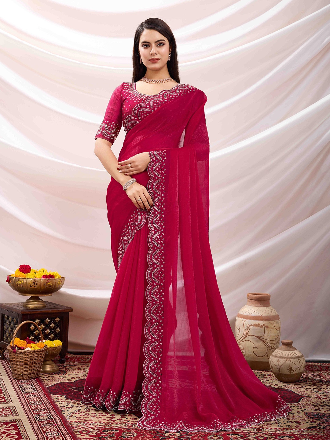 

Mitera Beads and Stones Silk Blend Saree, Magenta