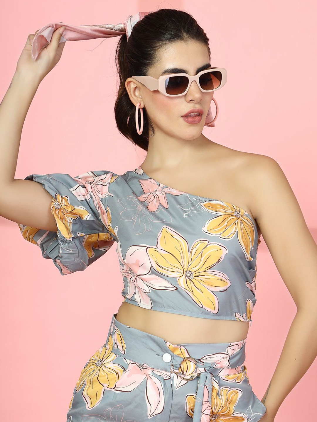 

DressBerry Floral Print One Shoulder Crepe Crop Top, Grey