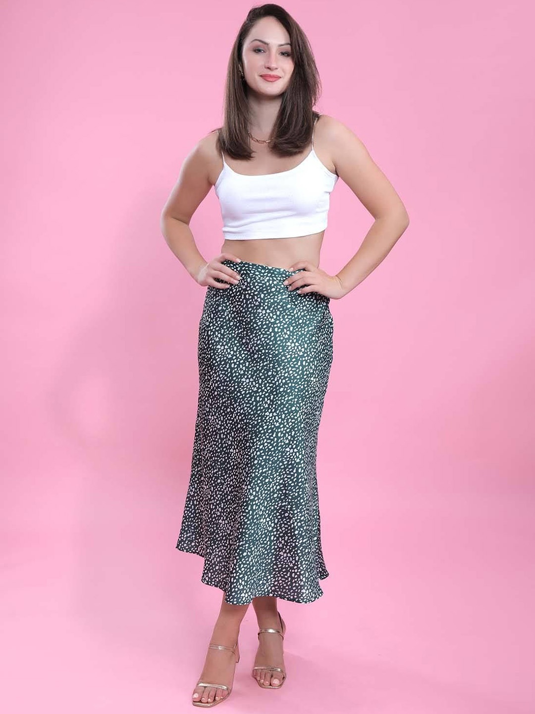 

French Theory Printed A-Line Long Skirt, Green