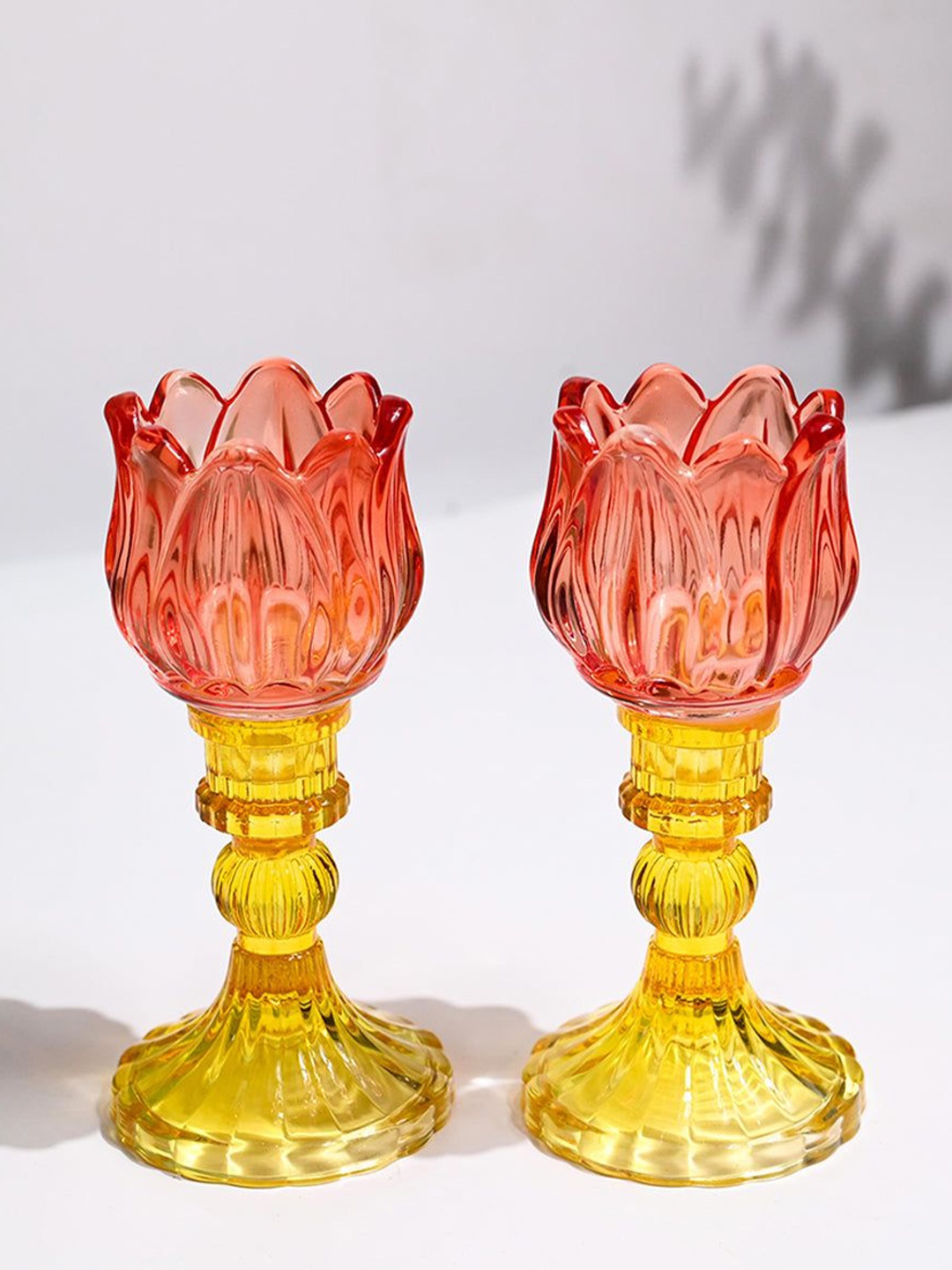

MARKET99 Red & Yellow Set of 2 Lotus Glass T-Light Candle Holders