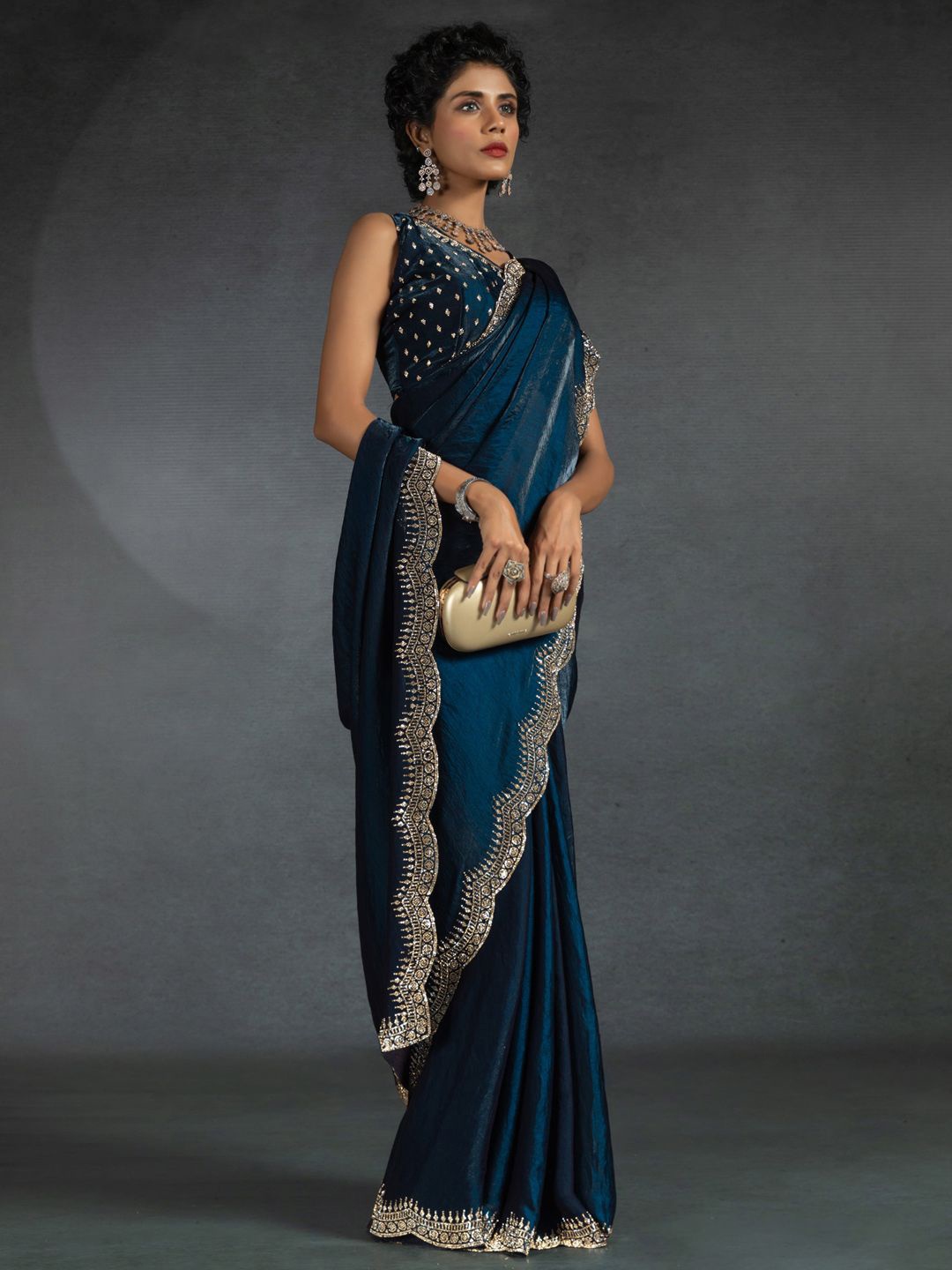 

Saree mall Embellished Beads and Stones Satin Sarees, Blue