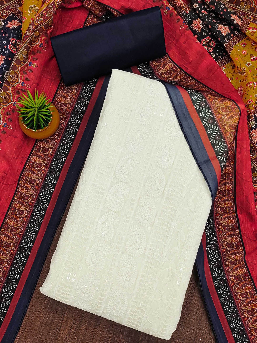 

SAINOOR Paisley Embroidered Unstitched Dress Material, White
