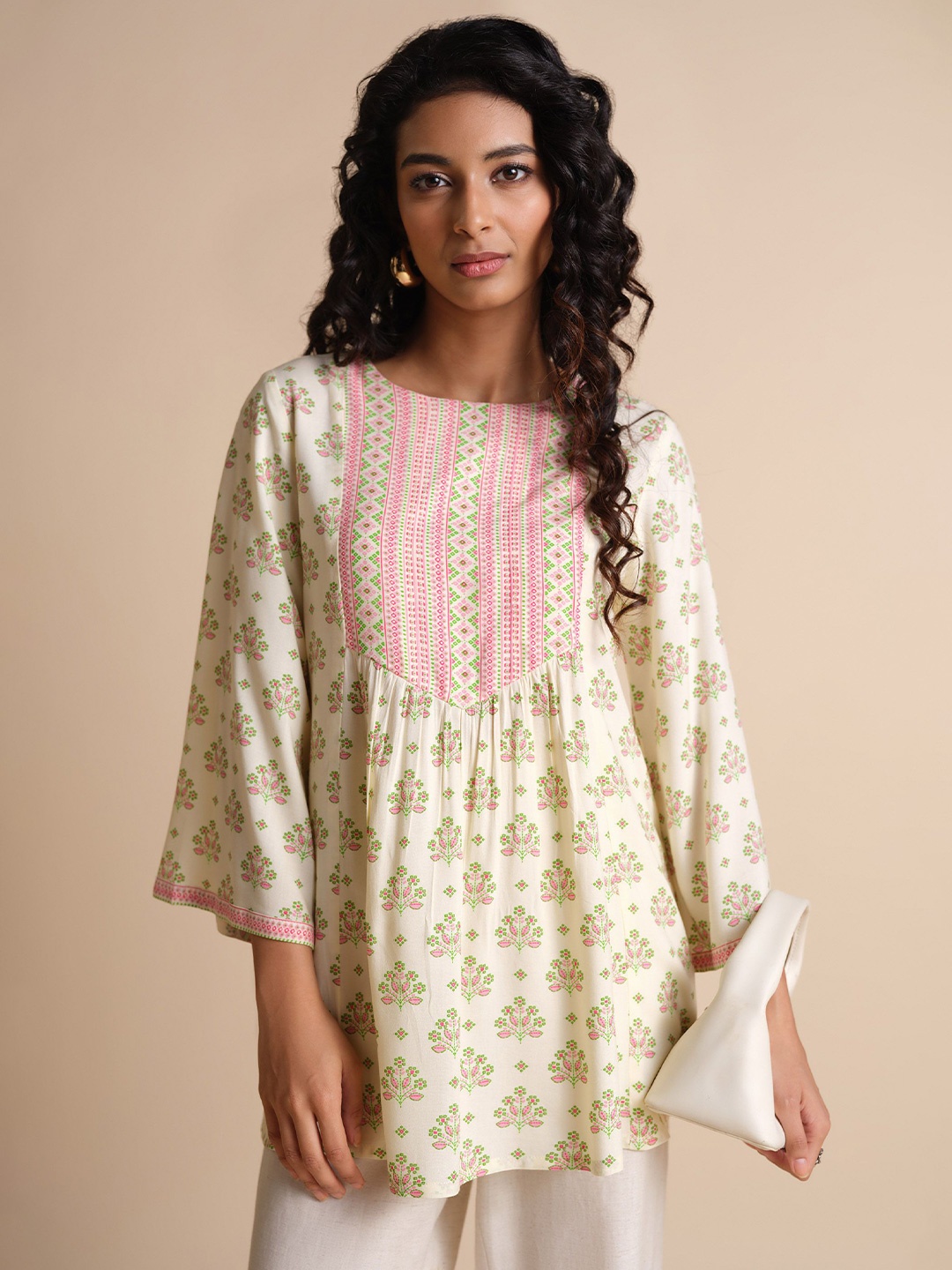 

Global Desi Women Floral Printed Flared Sleeve Longline Top, White