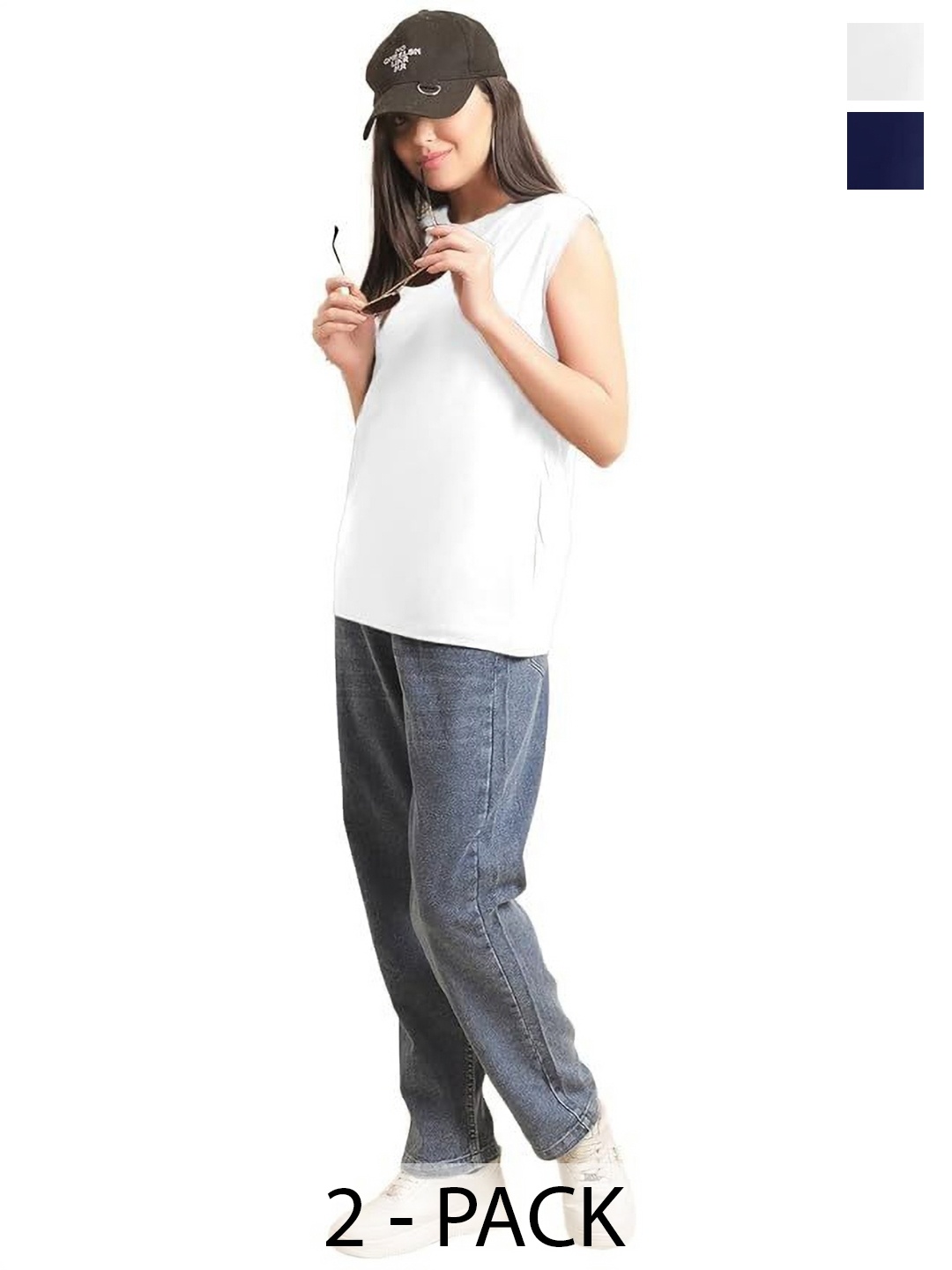 

NOTWILD Women Pack Of 2 Solid Round Neck Cotton Relaxed Fit T-shirts, Navy blue