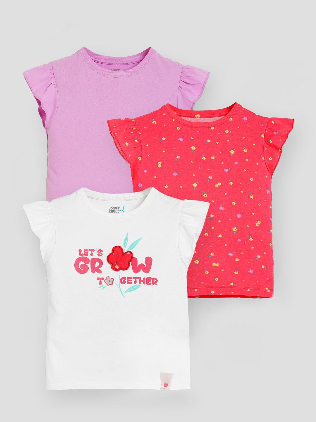 

Somersault Girls Pack Of 3 Floral Printed Flutter Sleeves Cotton Top, Purple