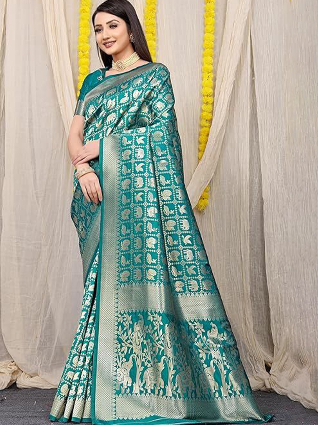 

KALINI Woven Design Zari Pure Silk Kanjeevaram Saree, Teal