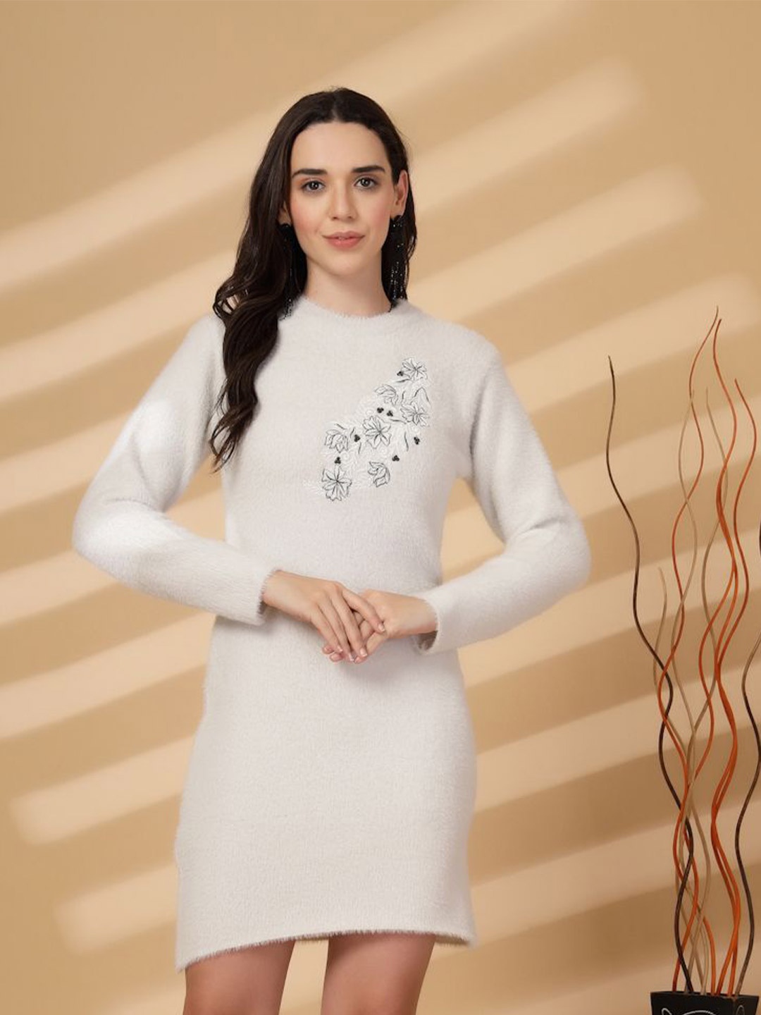 

all about you Floral Embroidered Woollen Dress, White
