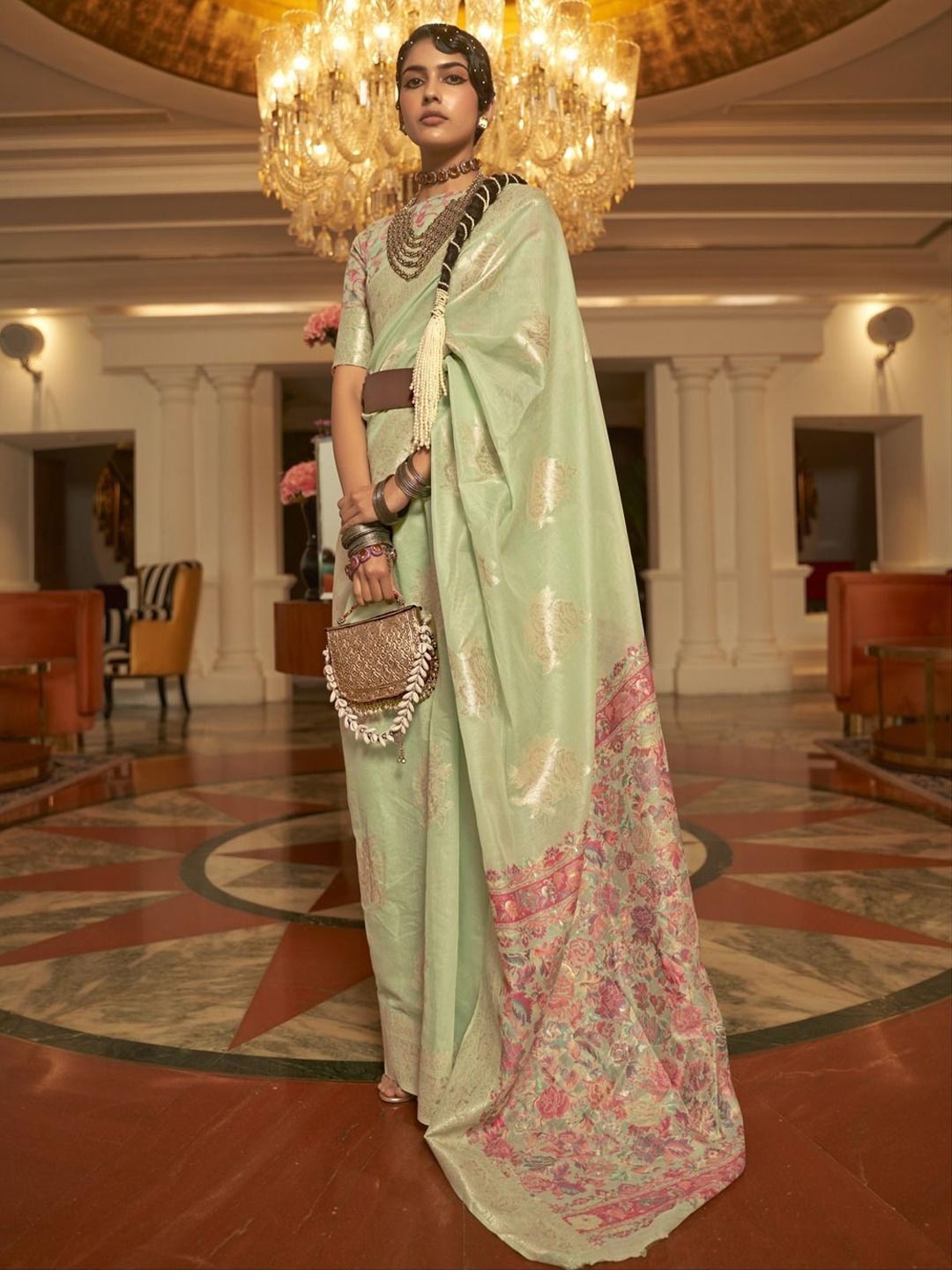 

Anouk Ethnic Motifs Woven Design Zari Belted Saree, Sea green