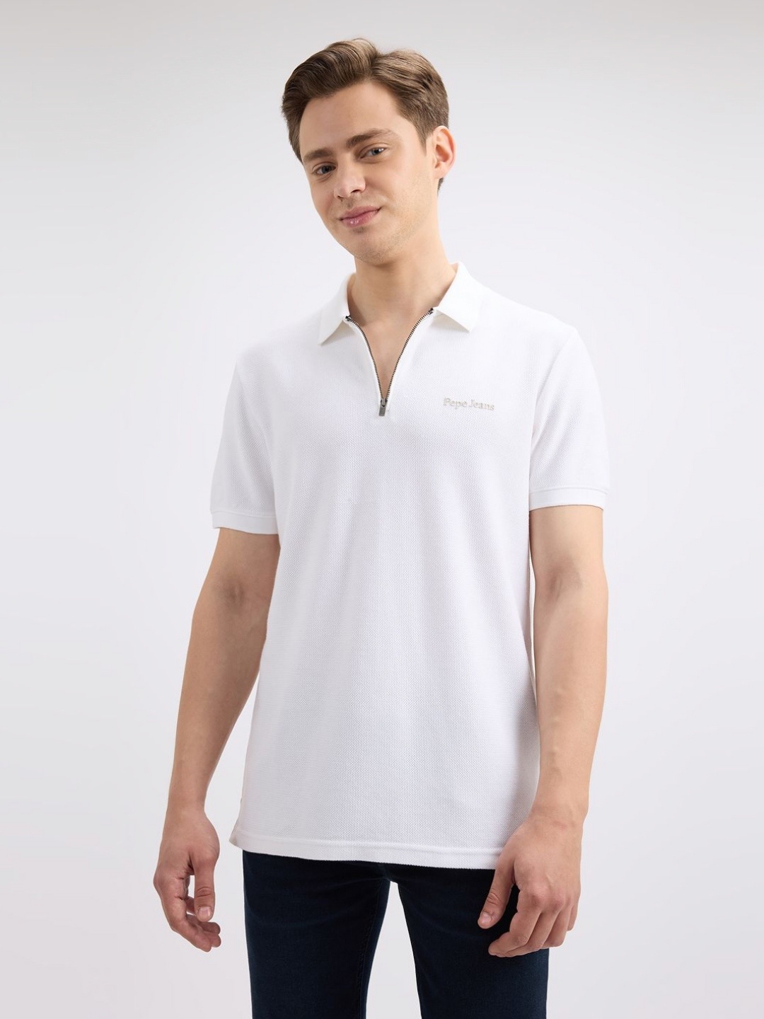 

Pepe Jeans Men Solid Polo Collar Cotton T-shirt, White