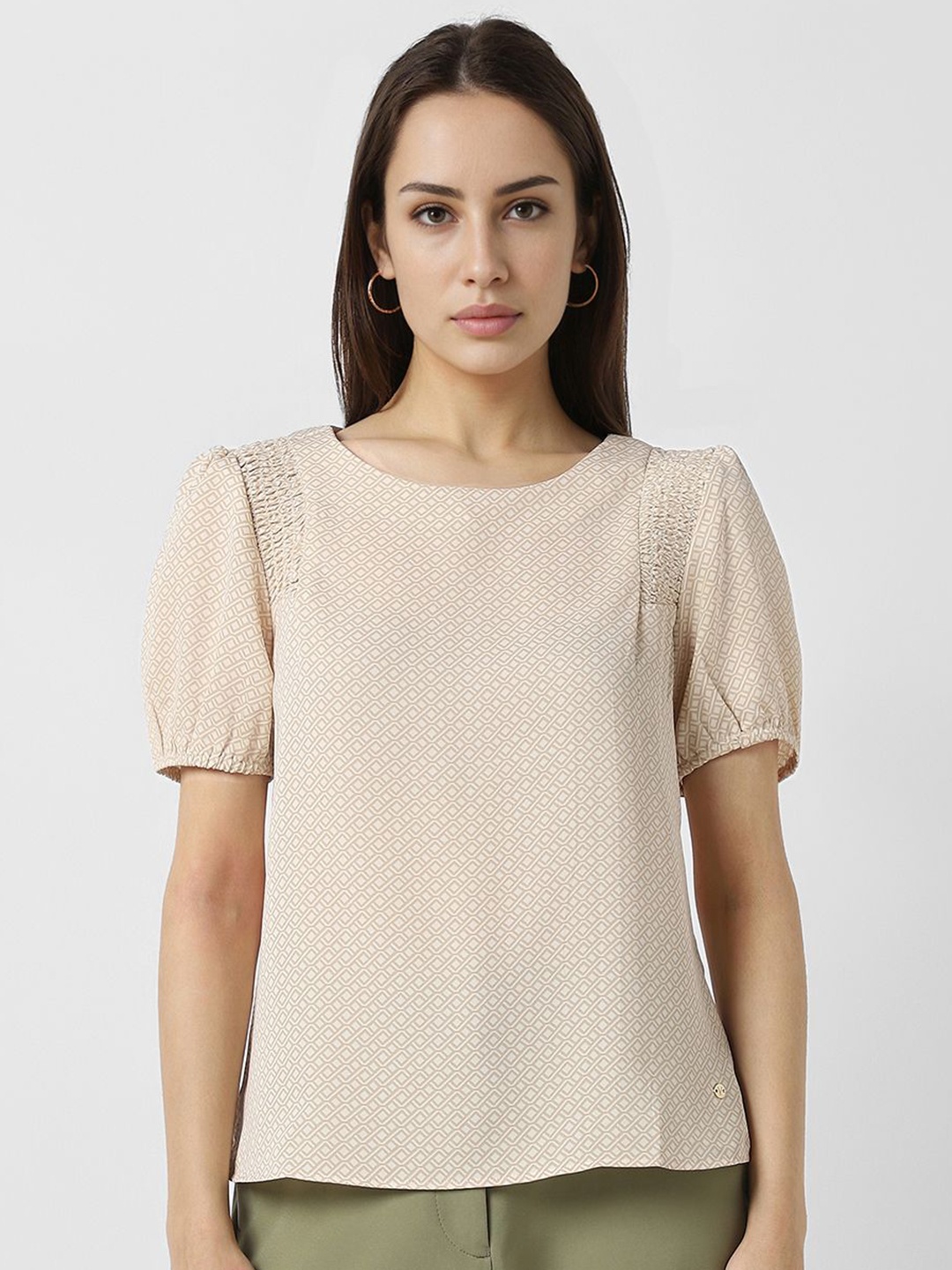 

Van Heusen Woman Geometric Printed Puff Sleeve Top, Beige
