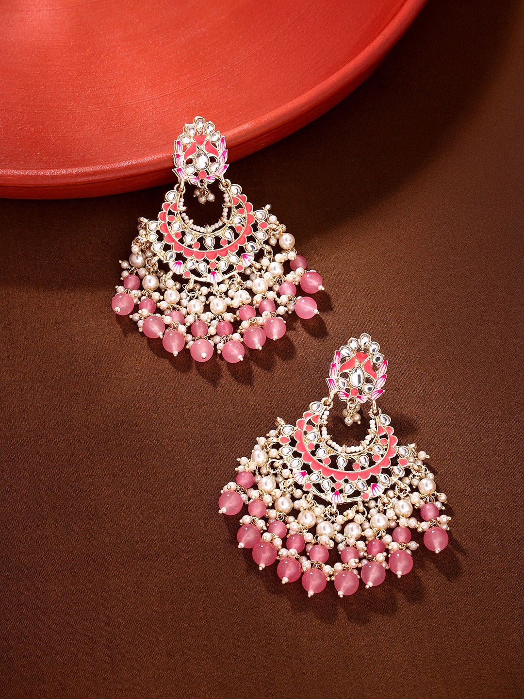 

Yellow Chimes Gold-Plated Artificial Stones And Beads Crescent Shaped Chandbalis Earrings, Pink