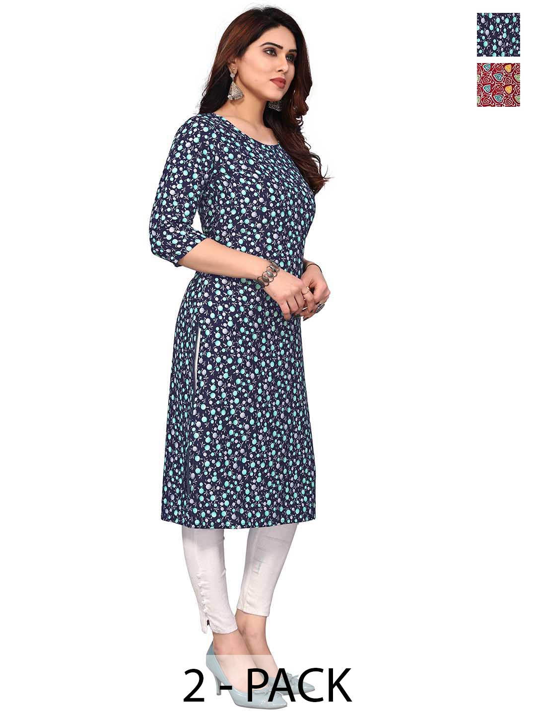 

KETAKI FASHION Selection of 2 Geoemtric Printed Round Neck Straight Kurtas, Navy blue