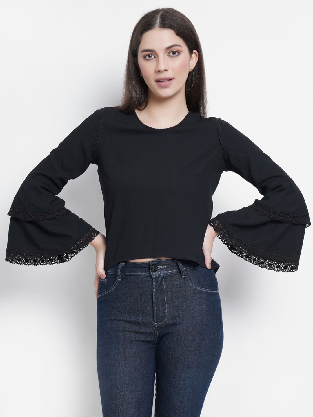 

MISS HAUTE Bell Sleeve Crepe Top, Black