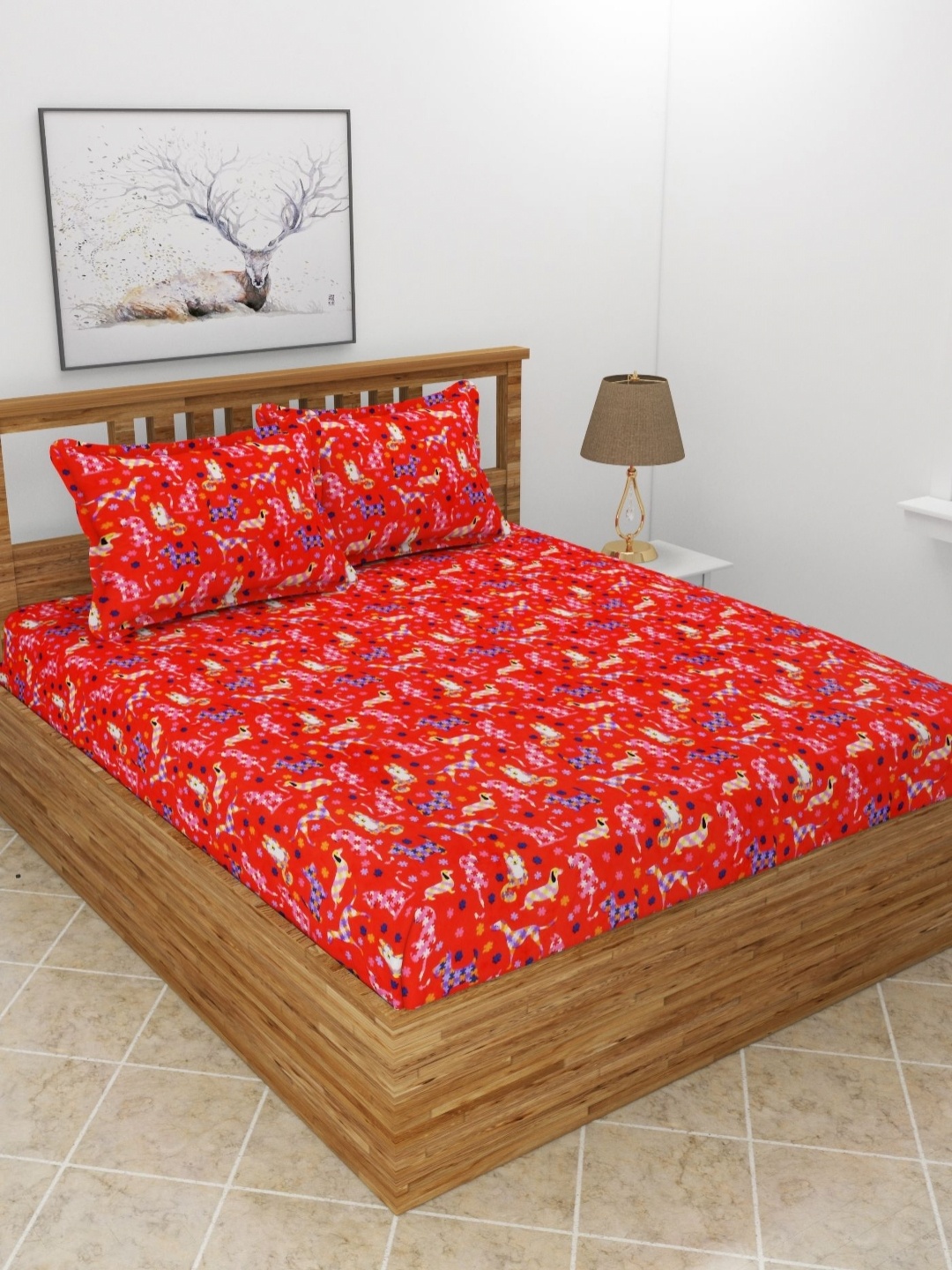 

BREVARD Red Conversational Printed Woolen 210 TC Queen Bedsheet Set 2.54 m x 2.28 m