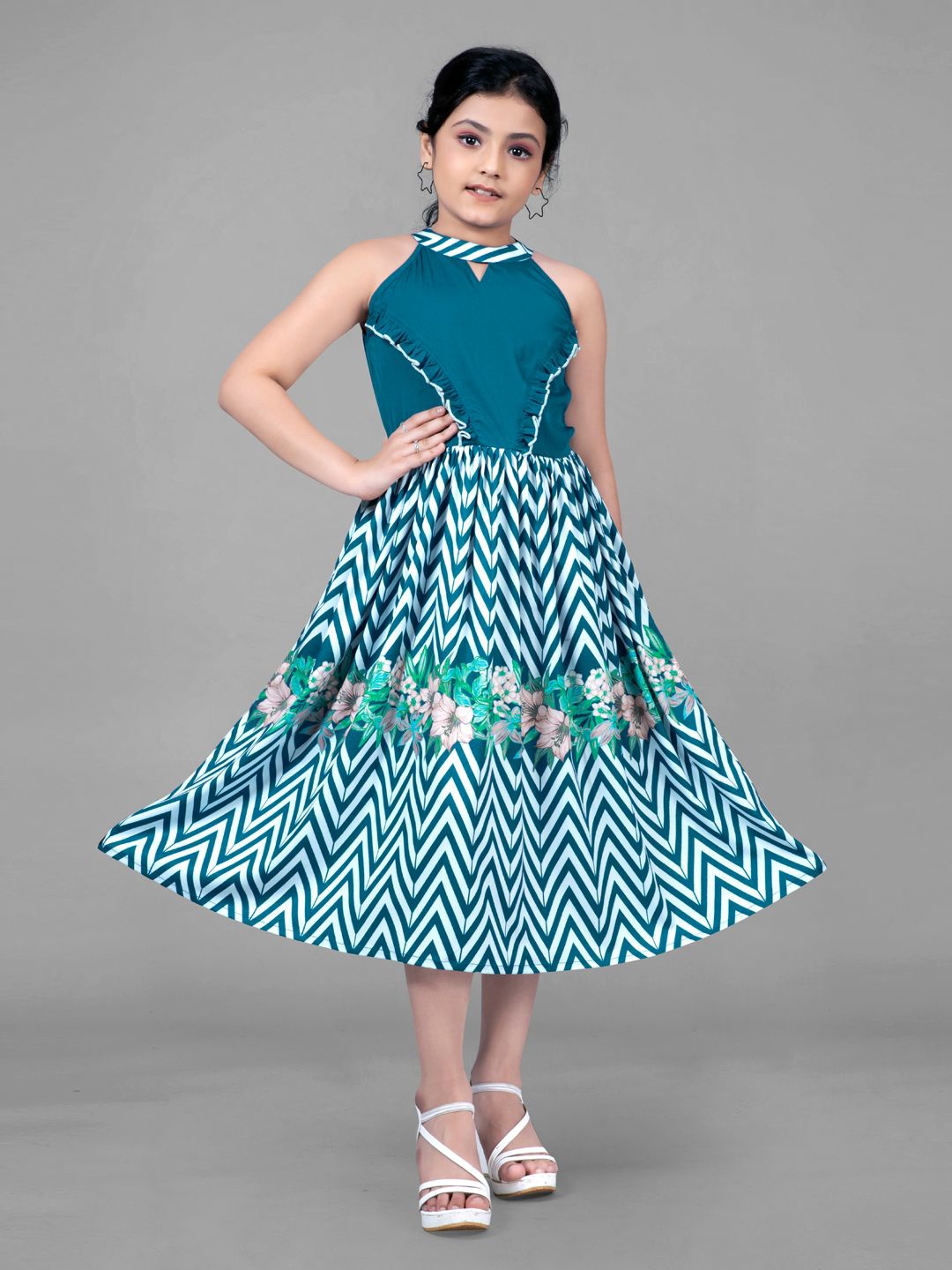 

YK Girls Chevron Printed Fit & Flare Midi Dress, Teal