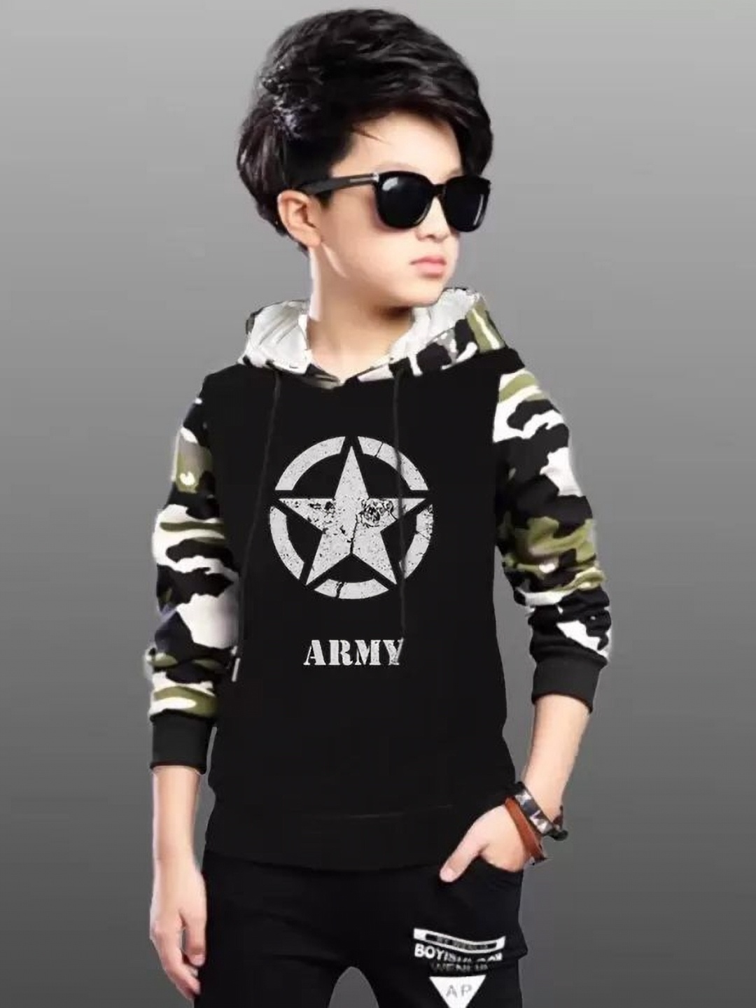 

ATLANS Boys Camouflage Printed Hooded T-shirt, Black