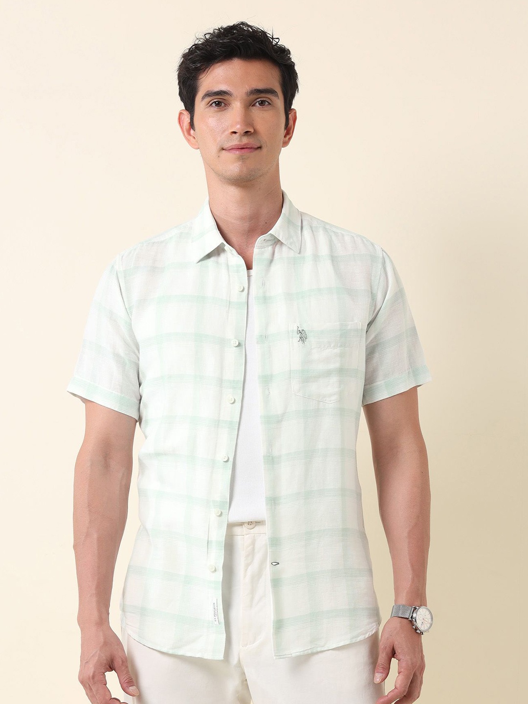 

U.S. Polo Assn. Men Tailored Fit Opaque Checked Casual Shirt, Green
