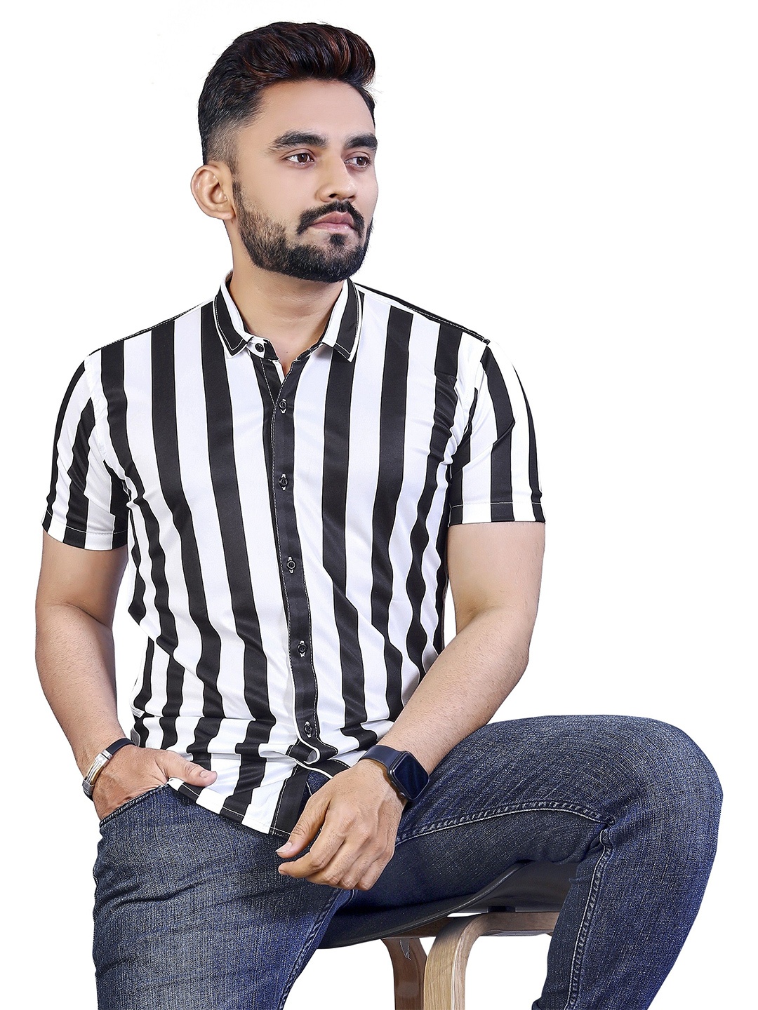 

iCome Men Classic Opaque Striped Casual Shirt, White