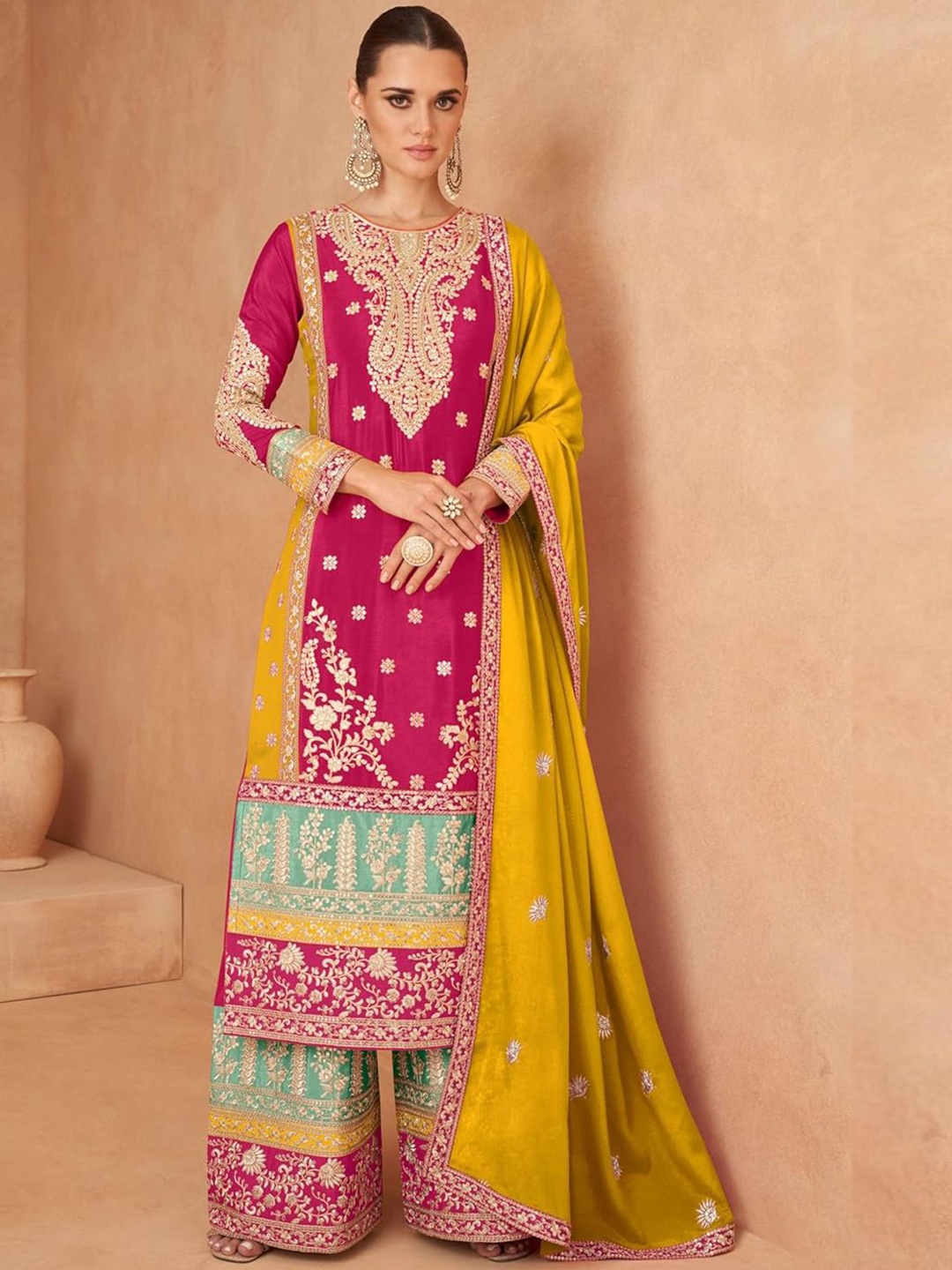 

AKSHARAM Paisley Embroidered Sequinned Straight Kurta With Palazzos & Dupatta, Pink