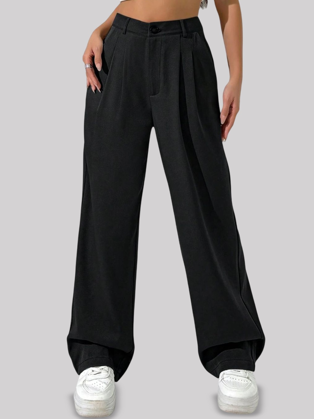 

FNOCKS Women Classic High-Rise Pleated Trousers, Black