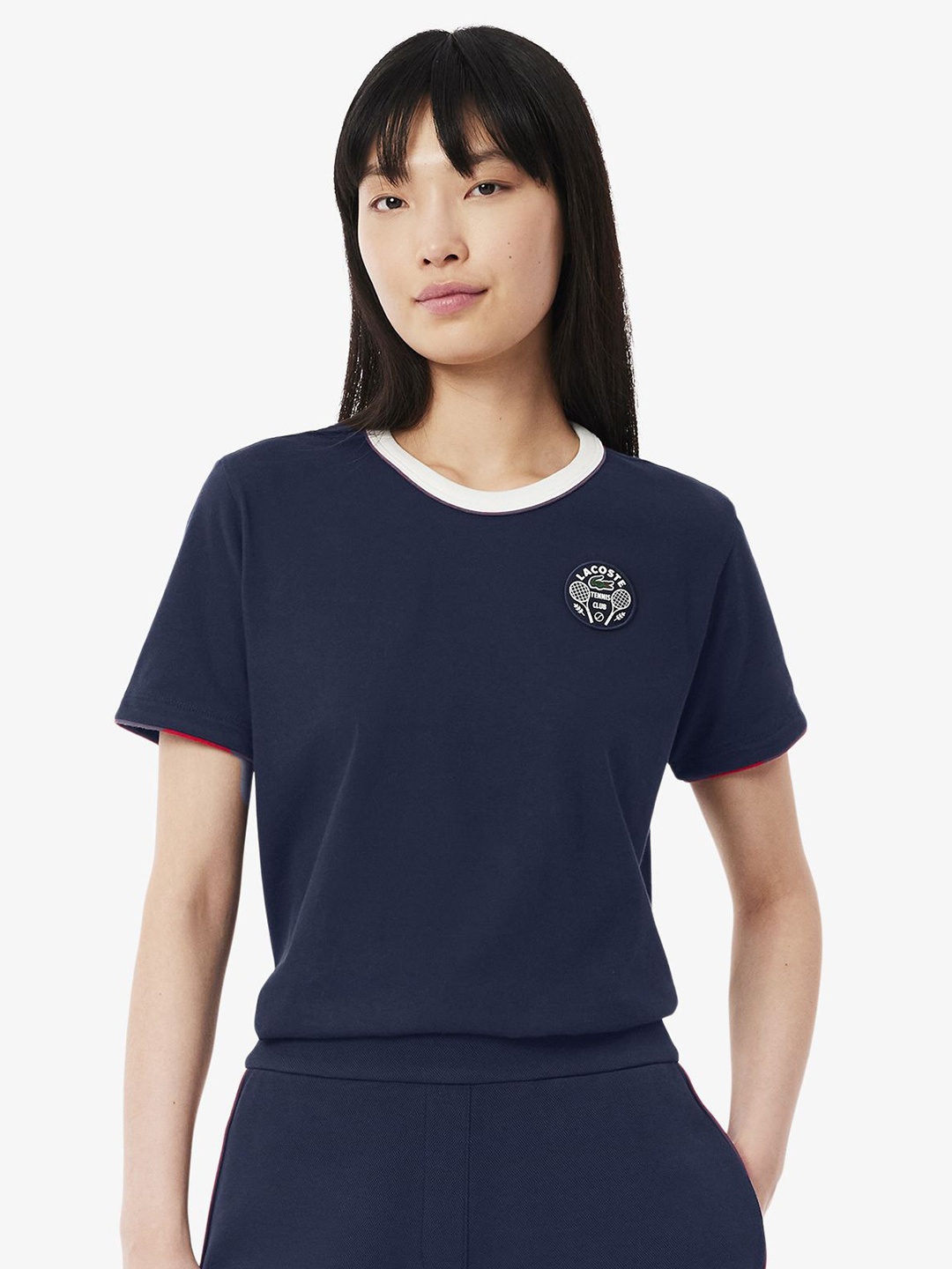 

Lacoste Women Solid Round Neck Cotton T-shirt, Navy blue