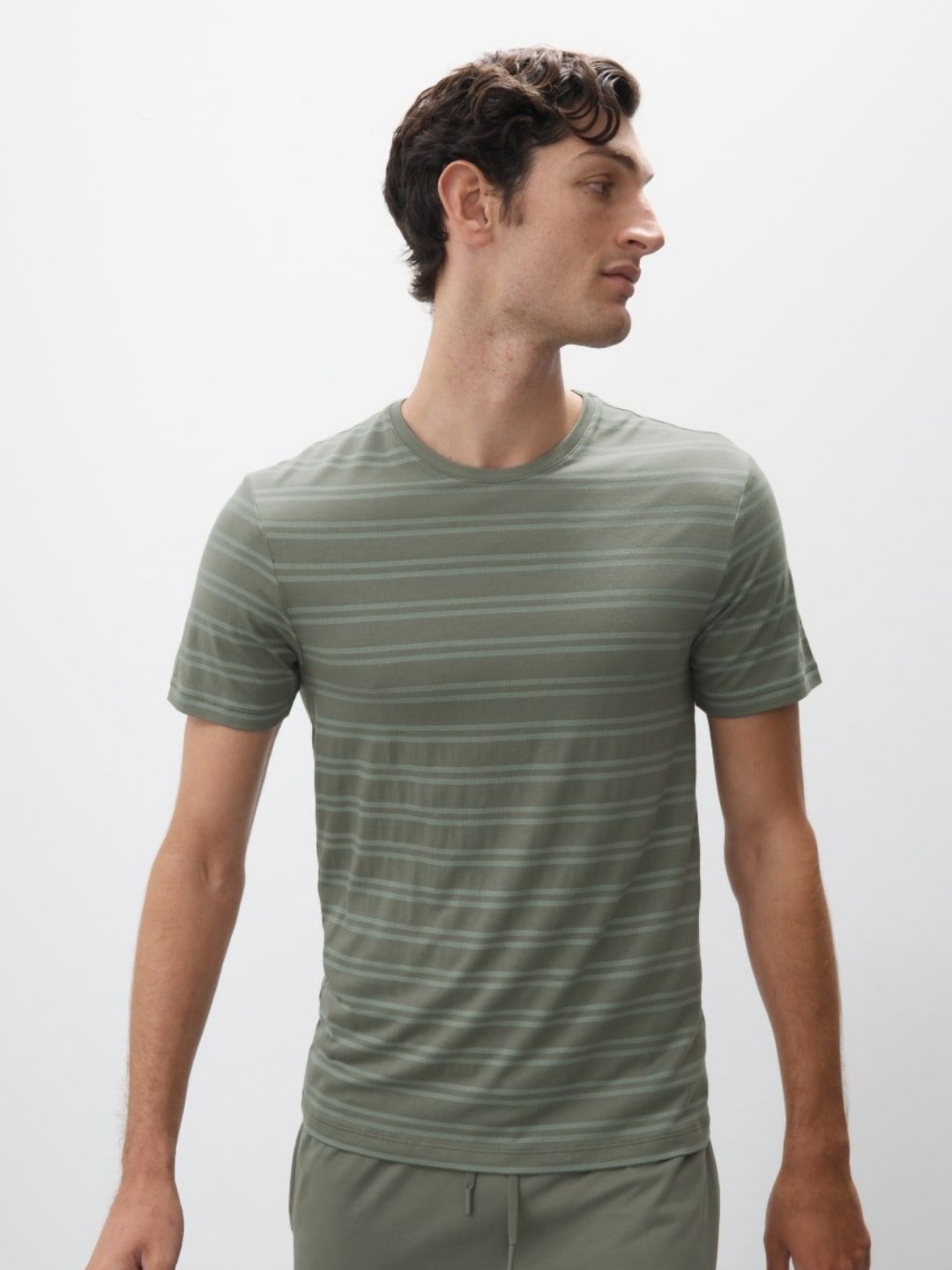 

Marks & Spencer Men Striped Round Neck Cotton T-shirt, Green