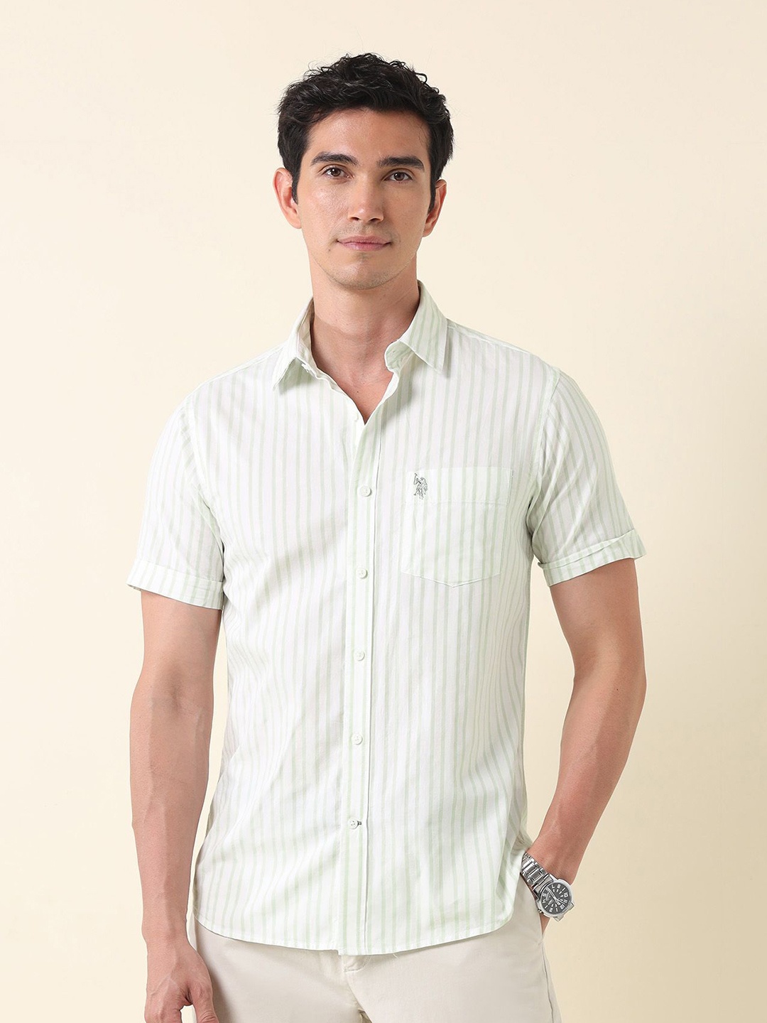 

U.S. Polo Assn. Men Tailored Fit Opaque Striped Casual Shirt, Green