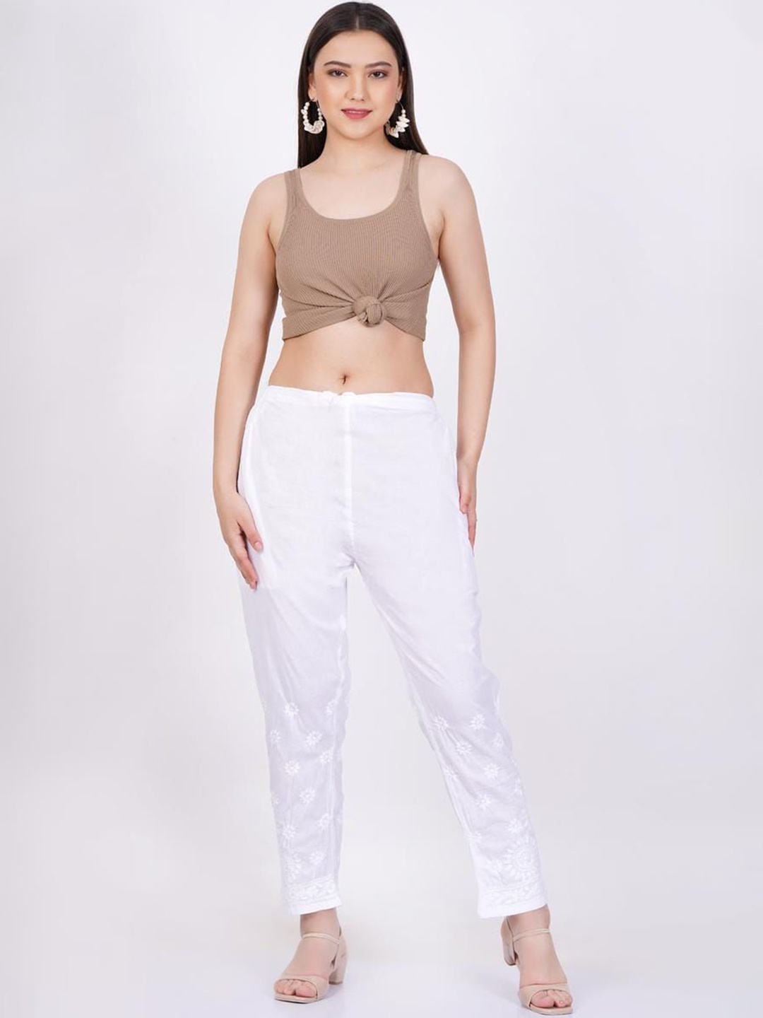 

SUFIZA LIFESTYLE Women Self Design Straight-Fit Regular Trousers, White