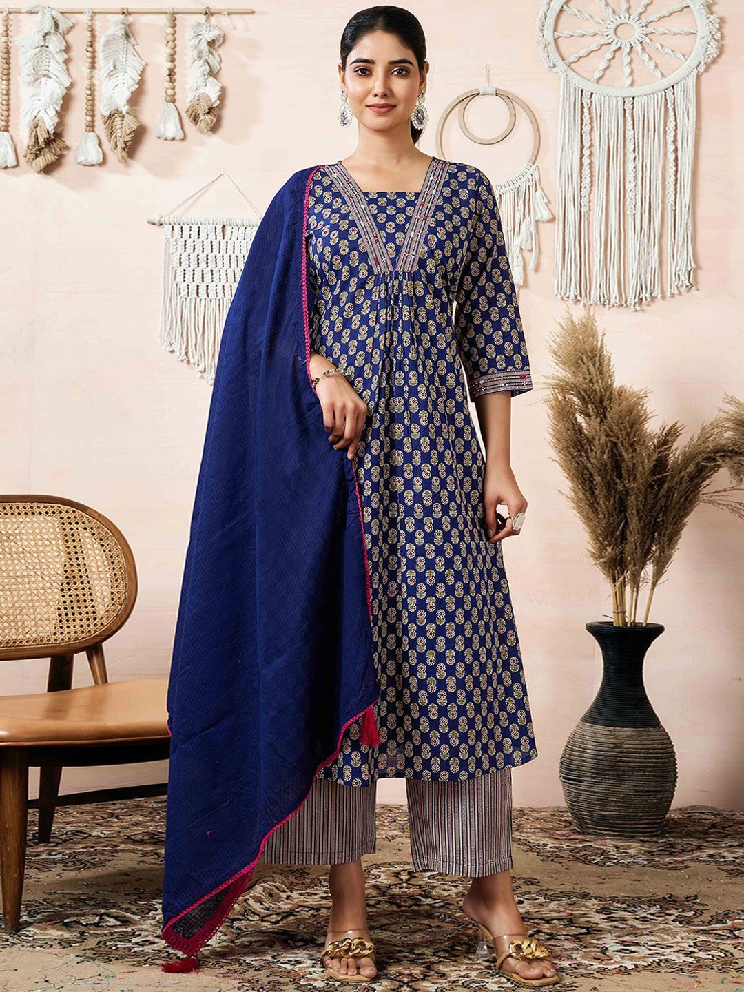 

Peachmode Floral Printed Mirror Work Pure Cotton A-Line Kurta With Trousers & Dupatta, Navy blue