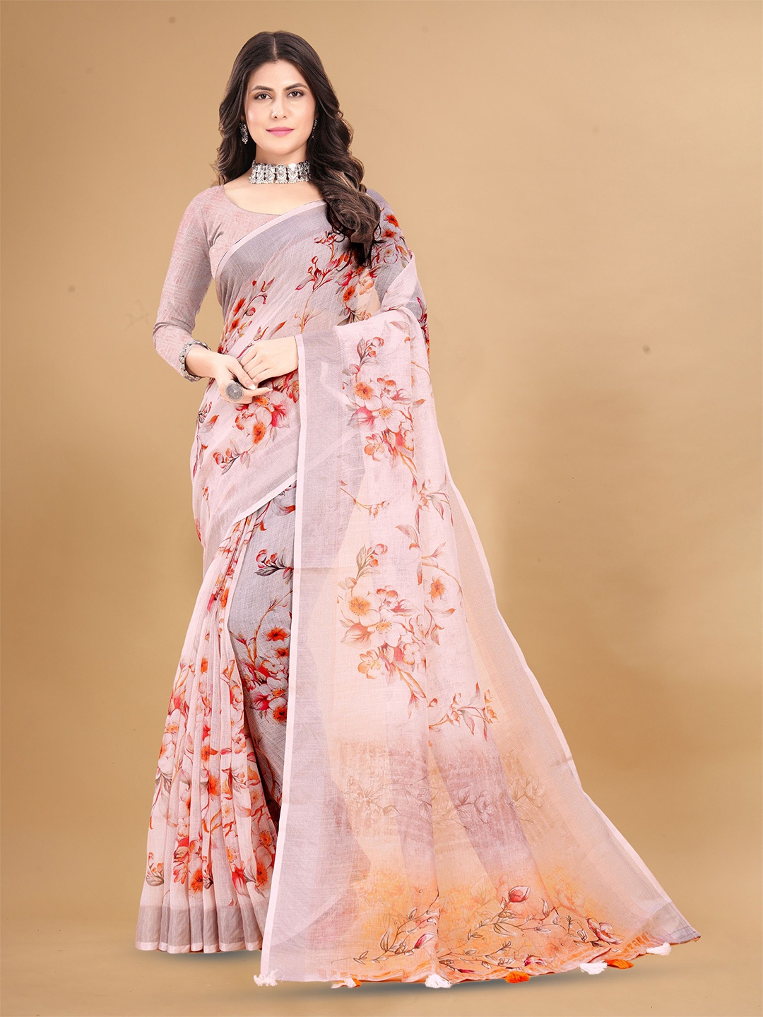 

Anouk Floral Linen Blend Saree, Nude