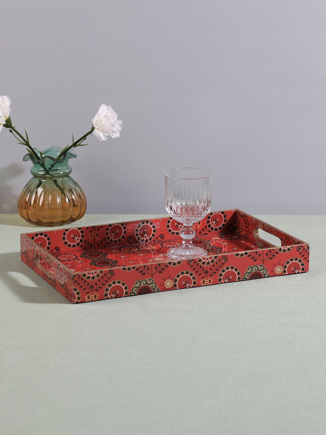 

India Circus by Krsnaa Mehta Raceme Rosettes Red Floral Printed Serving Tray