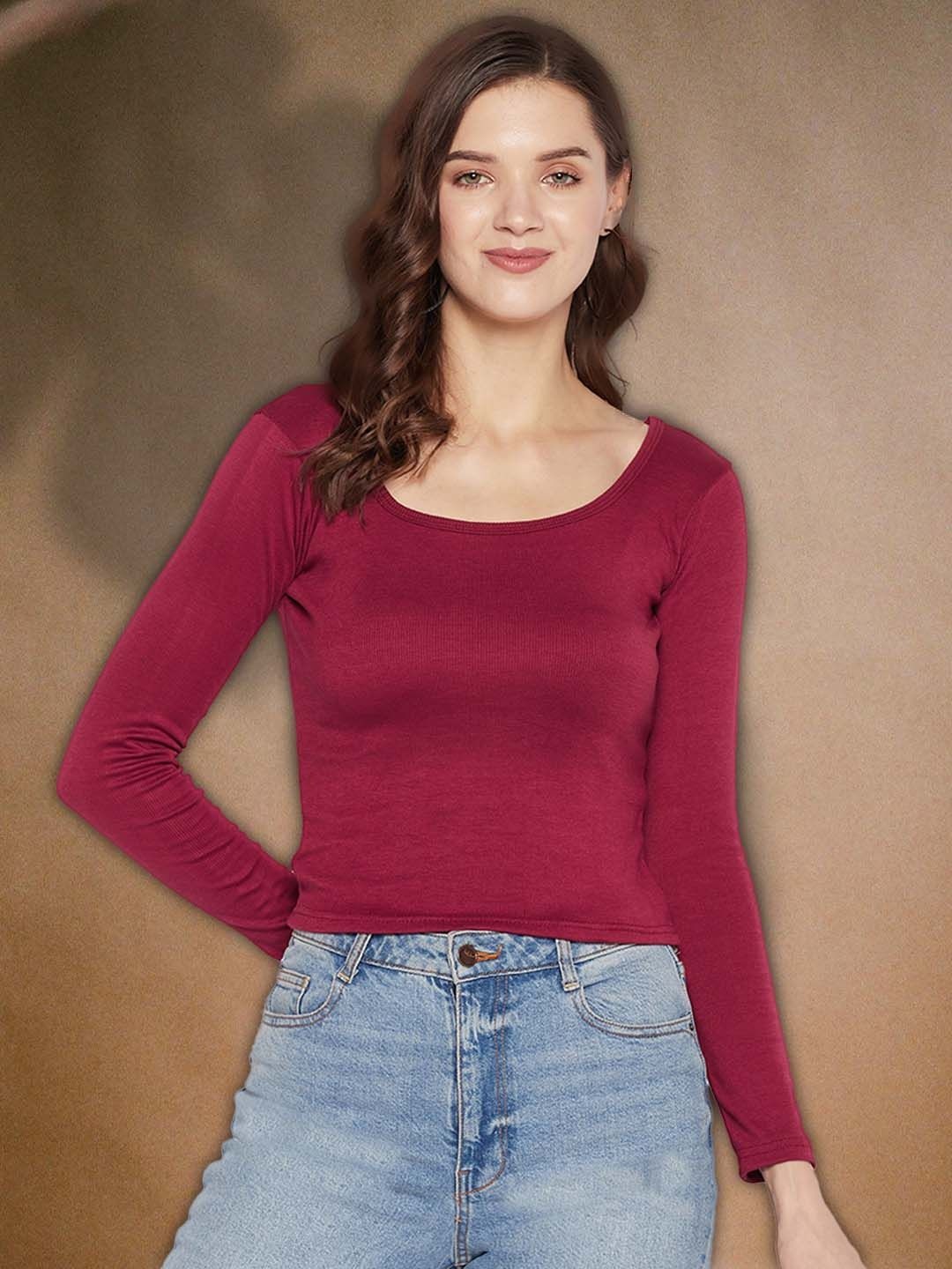 

all about you Women Round Neck Long Sleeves Crop Top, Maroon