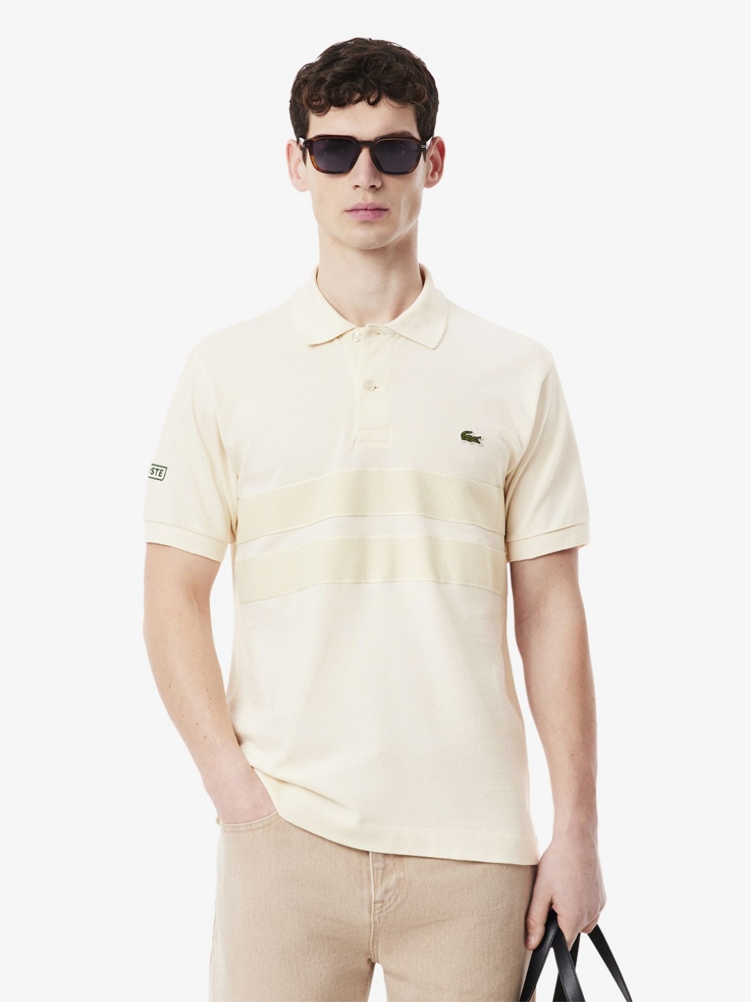 

Lacoste Men Striped Polo Collar Cotton T-shirt, Off white