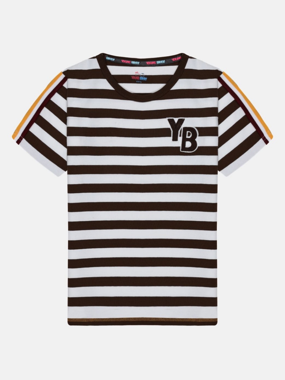 

YOUNG BIRDS Boys Striped Round Neck Cotton T-shirt, Brown