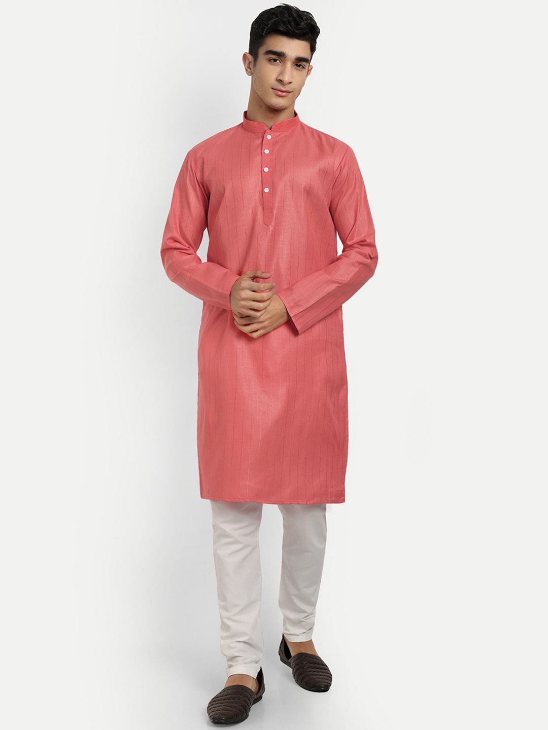 

WELL TEX Striped Embroidered Mandarin Collar Straight Kurta, Orange