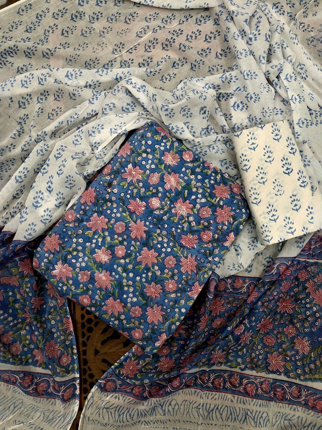 

PALASH Floral Block Printed Pure Cotton Unstitched Dress Material, Blue