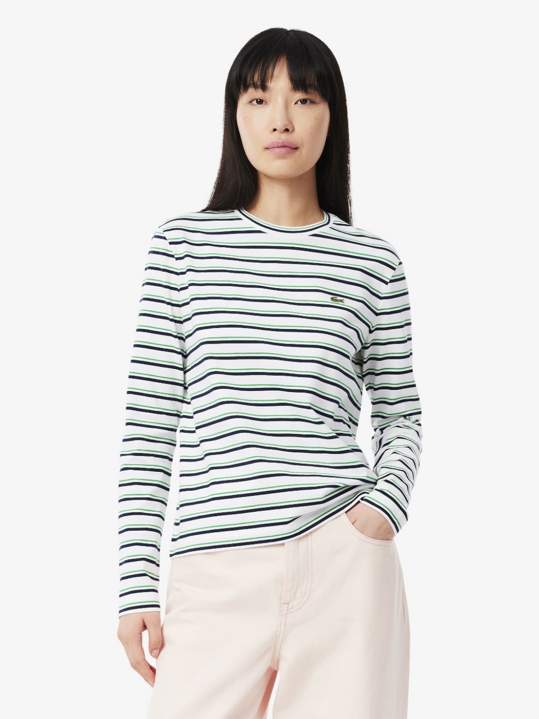

Lacoste Women Striped Round Neck Cotton T-shirt, Green