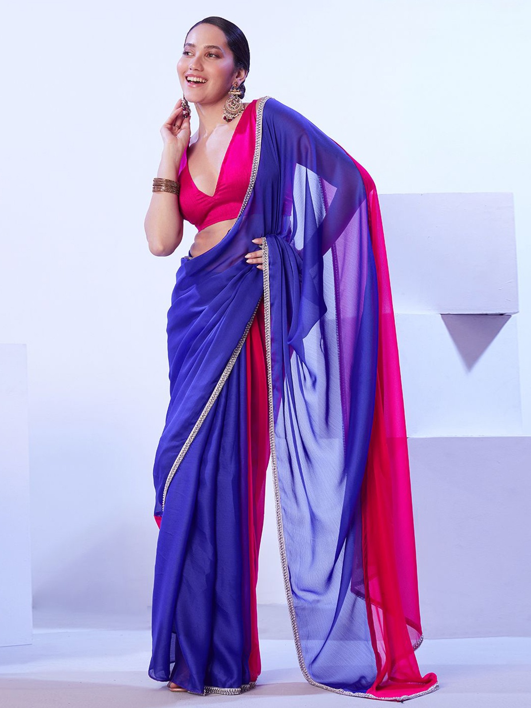

Kalista Colourblocked Embroidered Pure Chiffon Saree, Blue
