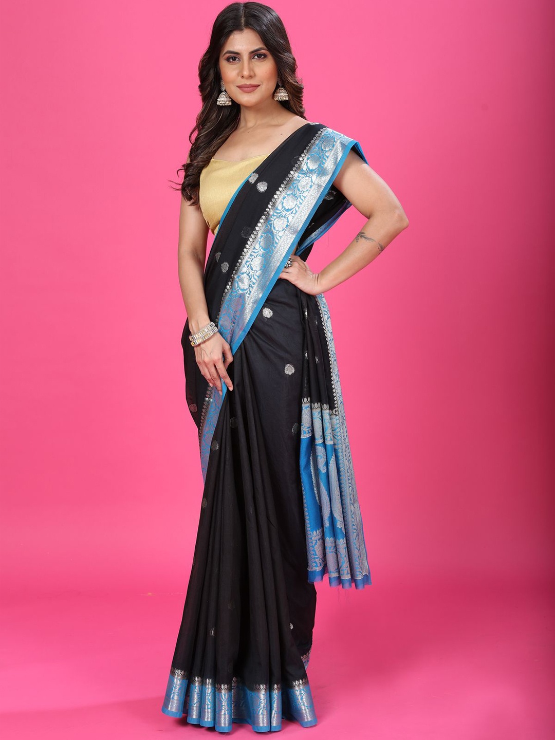 

CRAFTYSTYLES Woven Design Zari Pure Chiffon Banarasi Saree, Black