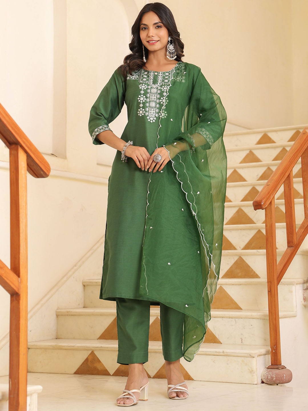 

KALINI Embroidered Round Neck Kurta With Trousers & Dupatta, Green