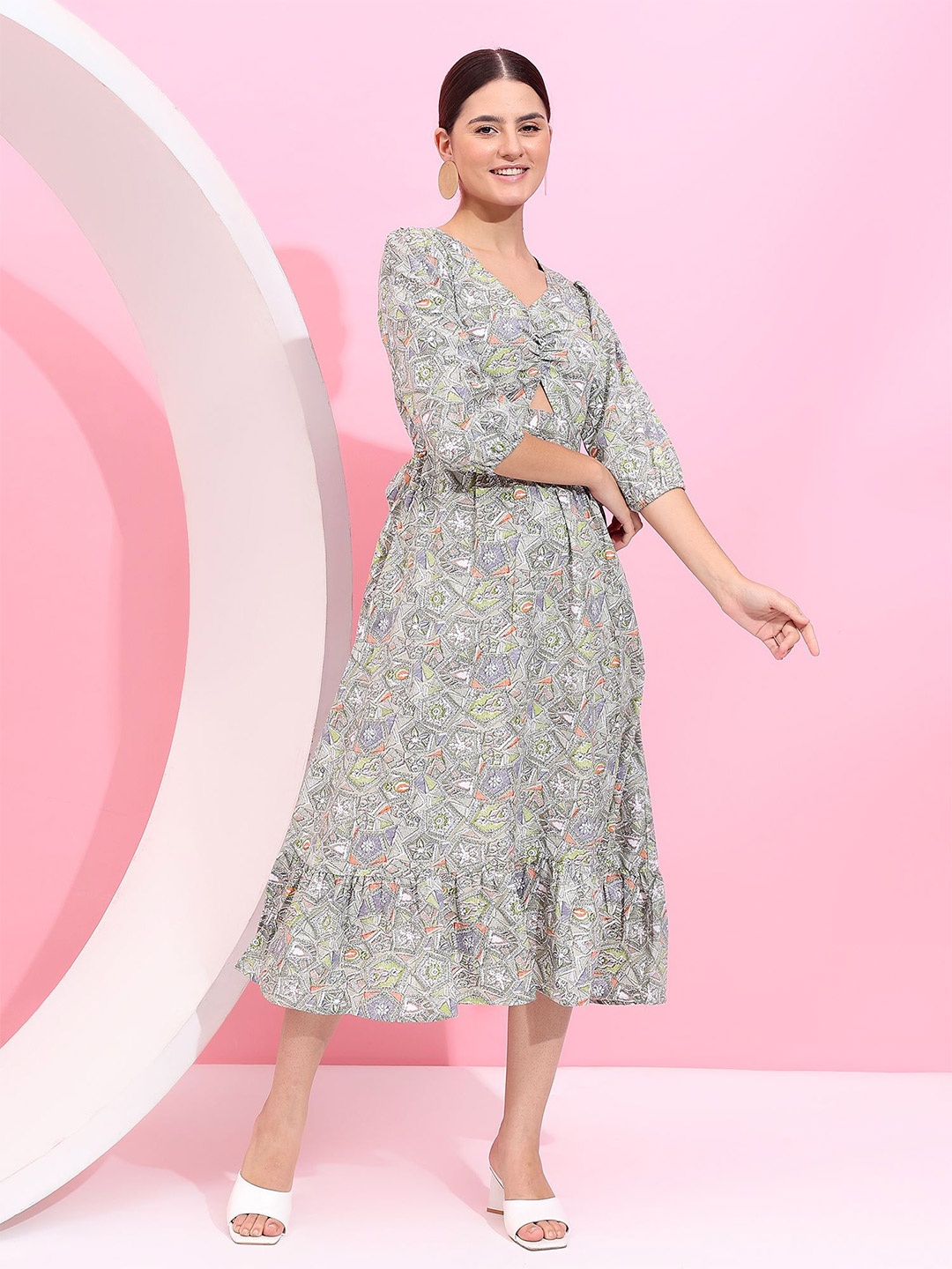 

Fbella Printed Cut-Outs Detail Fit & Flare Midi Dress, Green