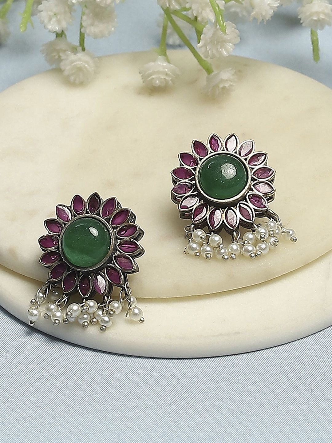 

Biba Silver-Plated Artificial Stones Studded and Beaded Floral Shaped Studs, Green