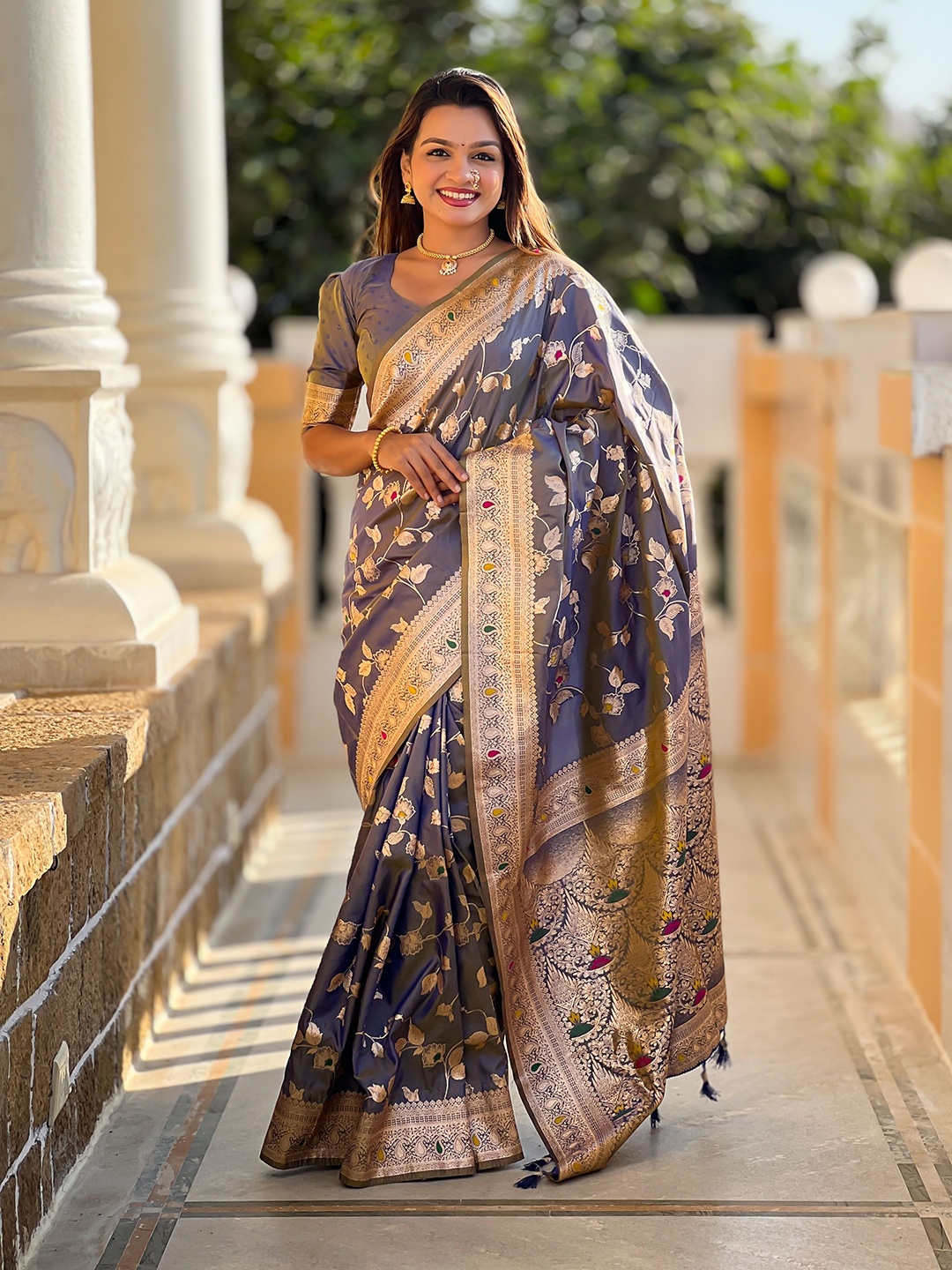 

Divyadham Textiles Woven Design Zari Pure Silk Banarasi Saree, Grey