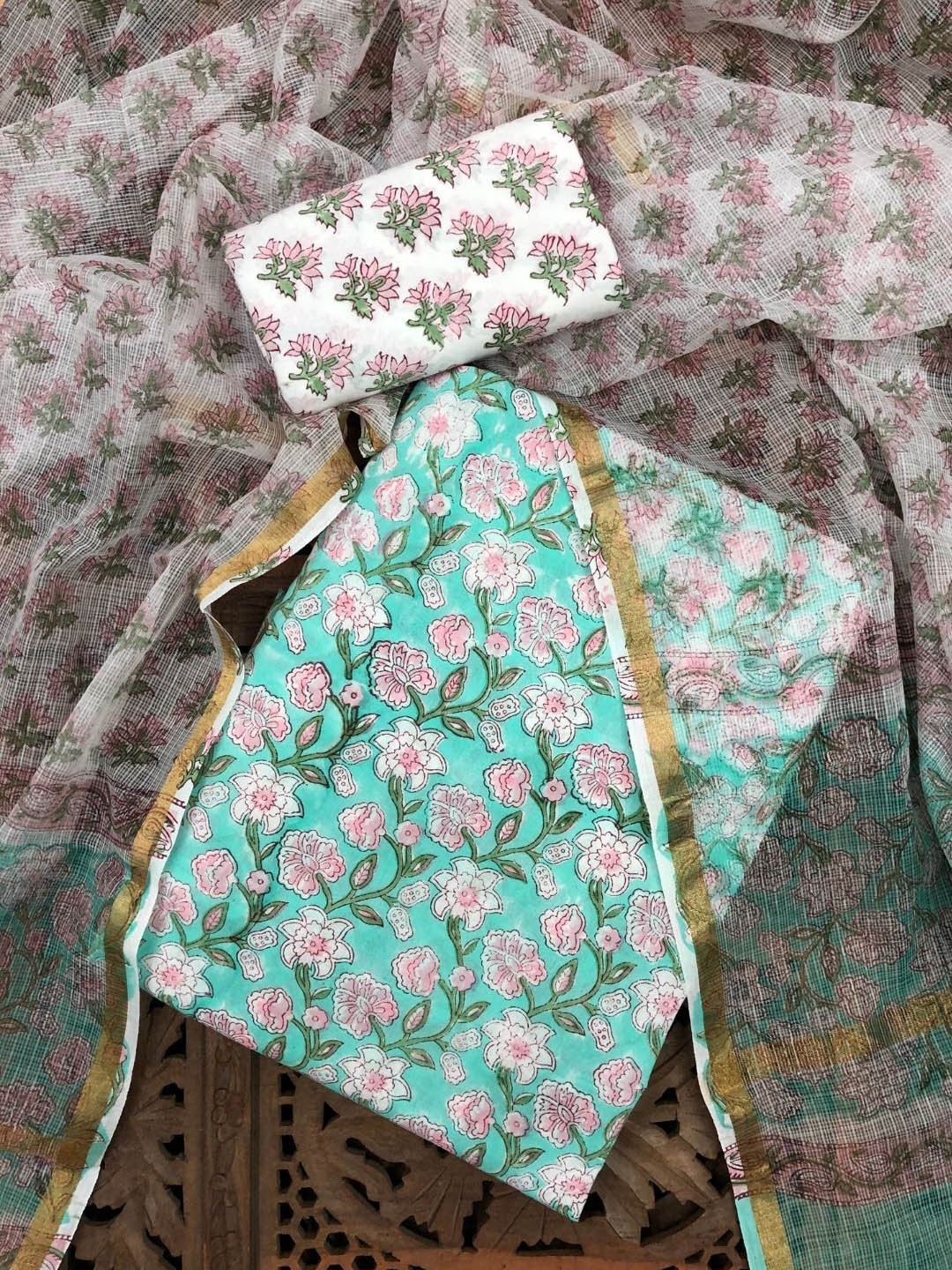 

PALASH Floral Block Printed Cotton Unstitched Dress Material, Green