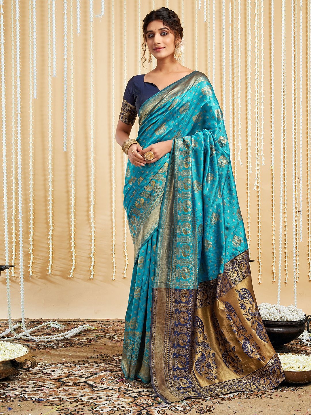 

HERE&NOW Ethnic Motifs Woven Design Zari Paithani Saree, Blue