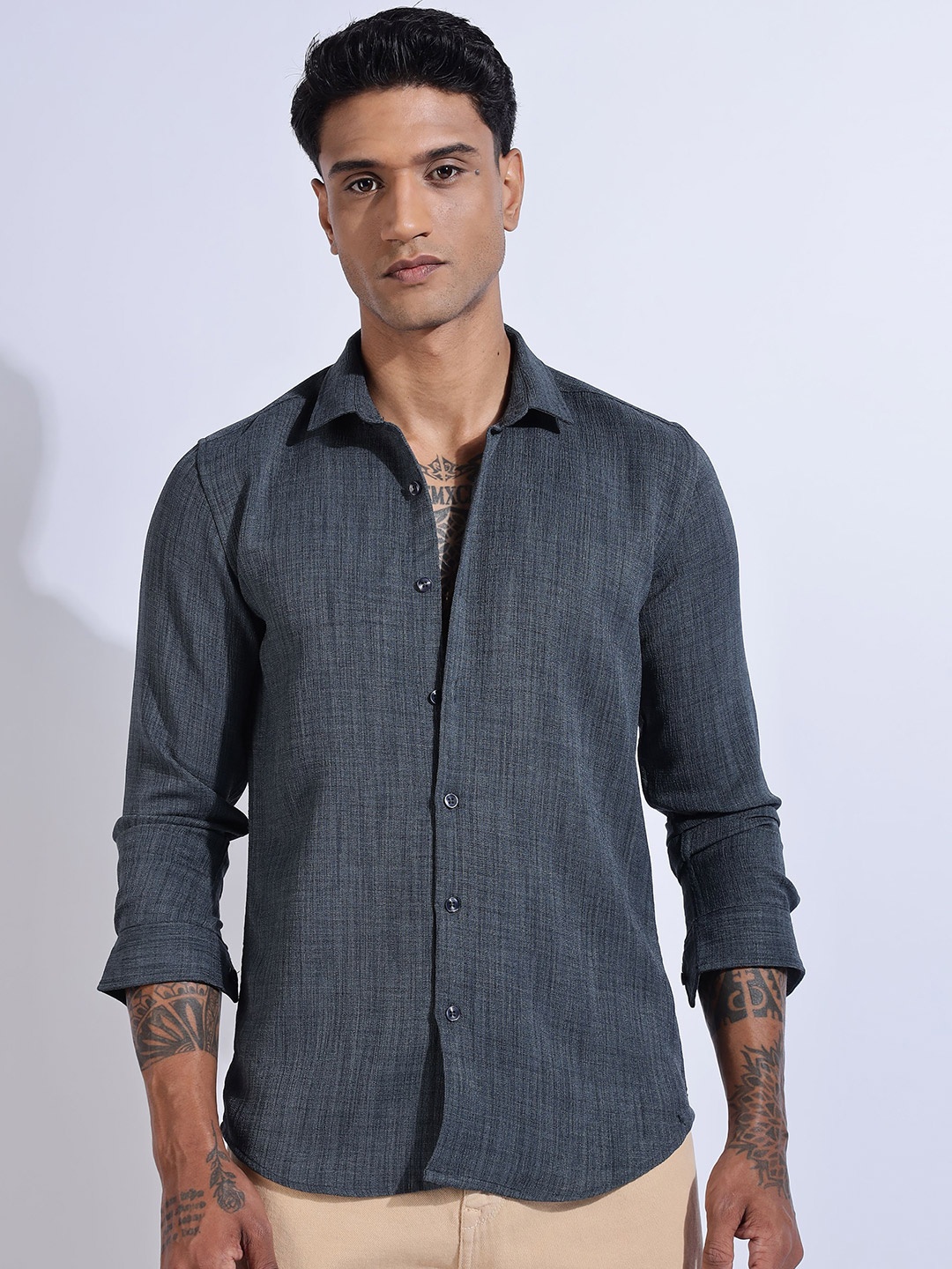 

NEVER NEUD Men Air Like Linen Vintage Regular Slim Fit Casual Shirt, Grey