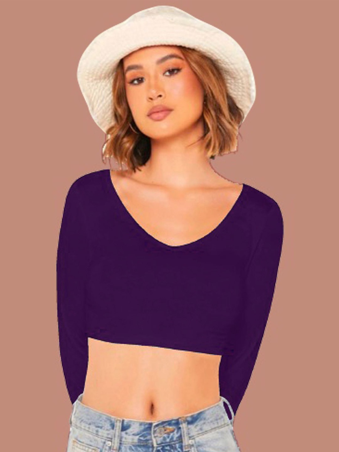 

Dream Beauty Fashion V-Neck Long Sleeves Crop Top, Purple