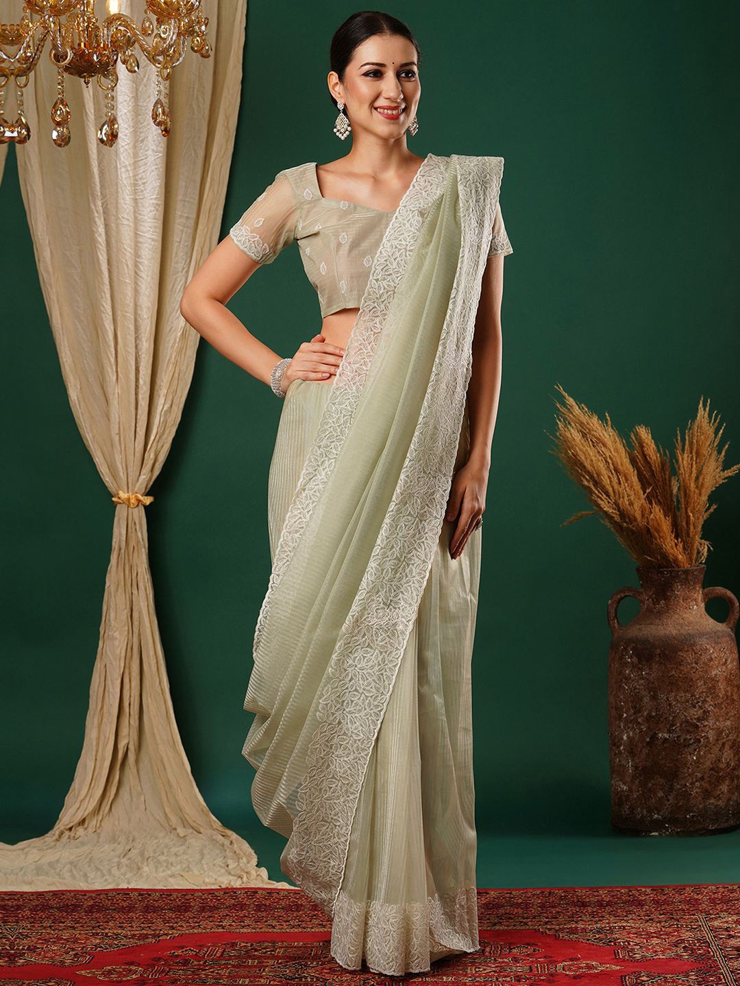 

all about you Embroidered Supernet Saree, Green